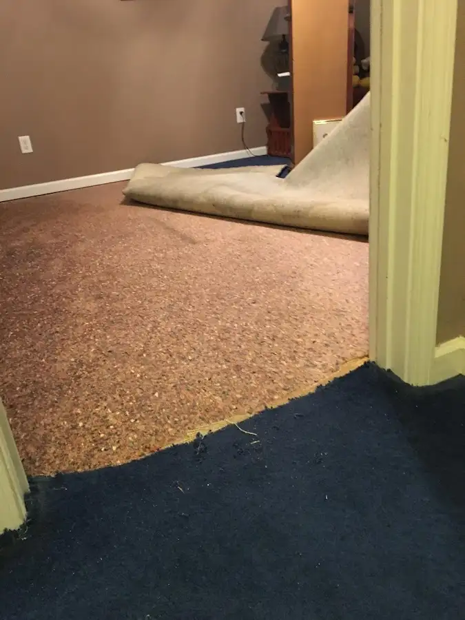 Carpet pad removal revealing water damage during Water Mitigation Services in Tinton Falls
